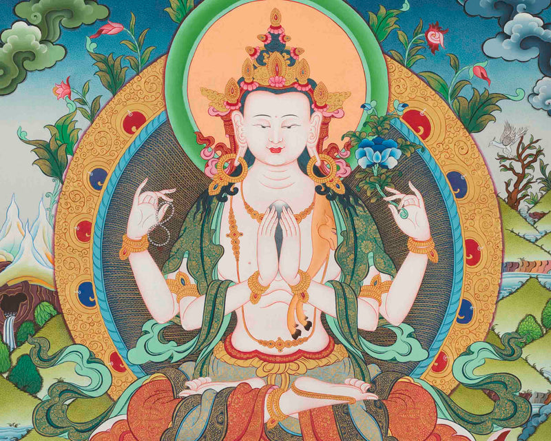 Avalokitesvara Chengrezig Thangka | Mindfulness Meditation Painting