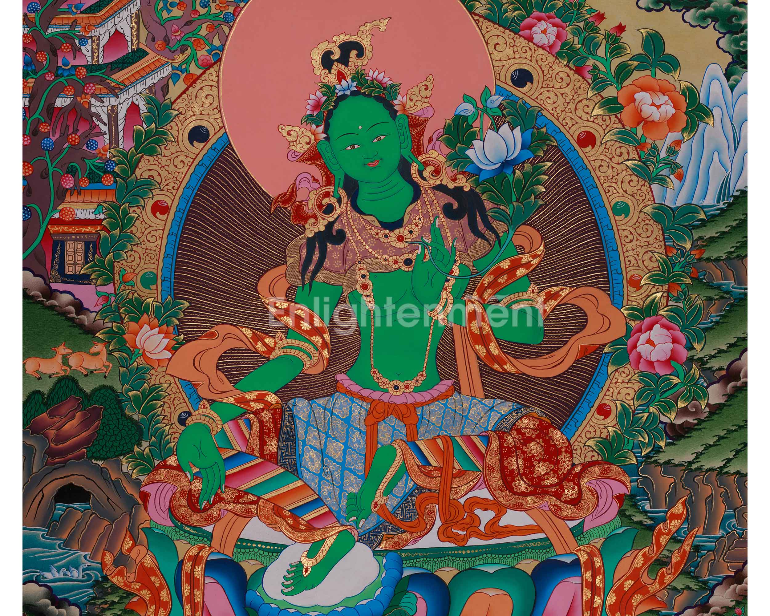 Divine Thangka of Green Tara with Amitabha Buddha, Chenrezig, and Vajrapani | Spiritual Art