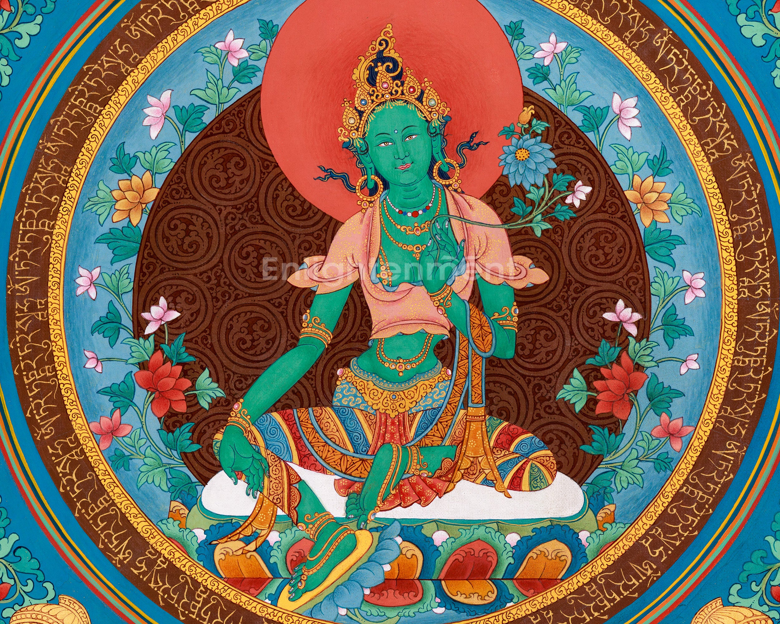 Unique Mantra-Mandala Tara Thangka | Mother Green Tara Artwork