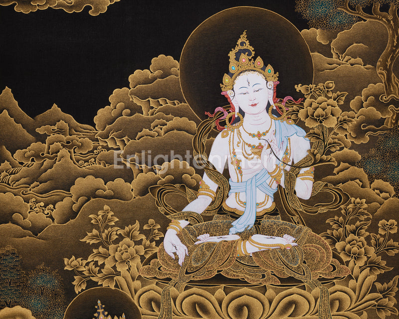 Three Deities of Long Life: White Tara, Amitayus, and Namgyalma | Gold Embellished Thangka