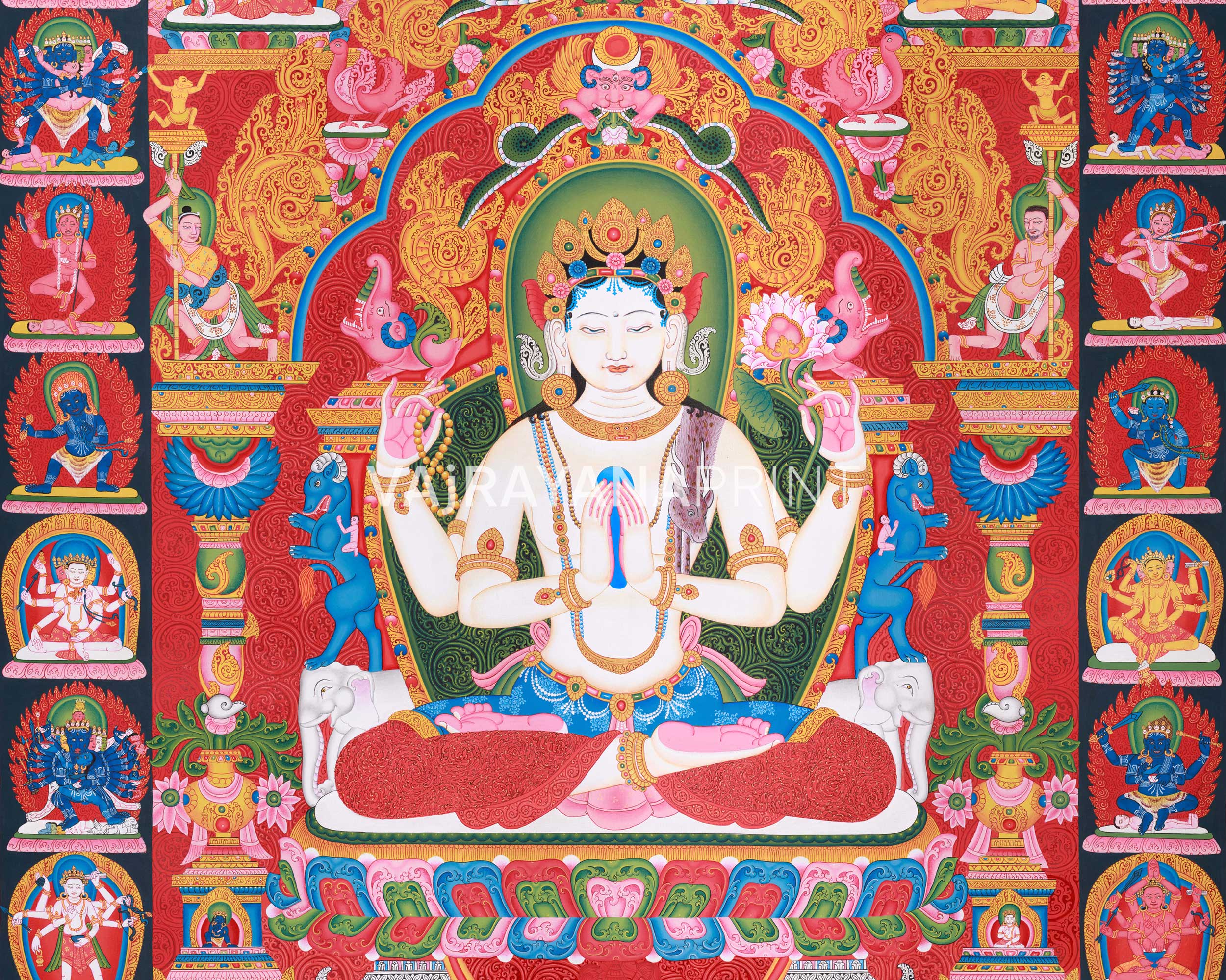Thangka Print Of Avalokiteshvara | Artwork Of 4-Armed Chenrezig | The Bodhisattva of Compassion