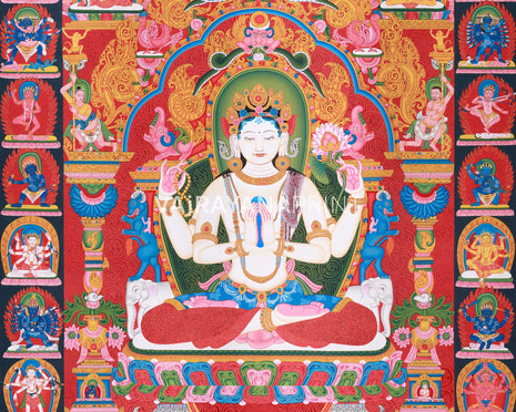 Thangka Print Of Avalokiteshvara | Artwork Of 4-Armed Chenrezig | The Bodhisattva of Compassion
