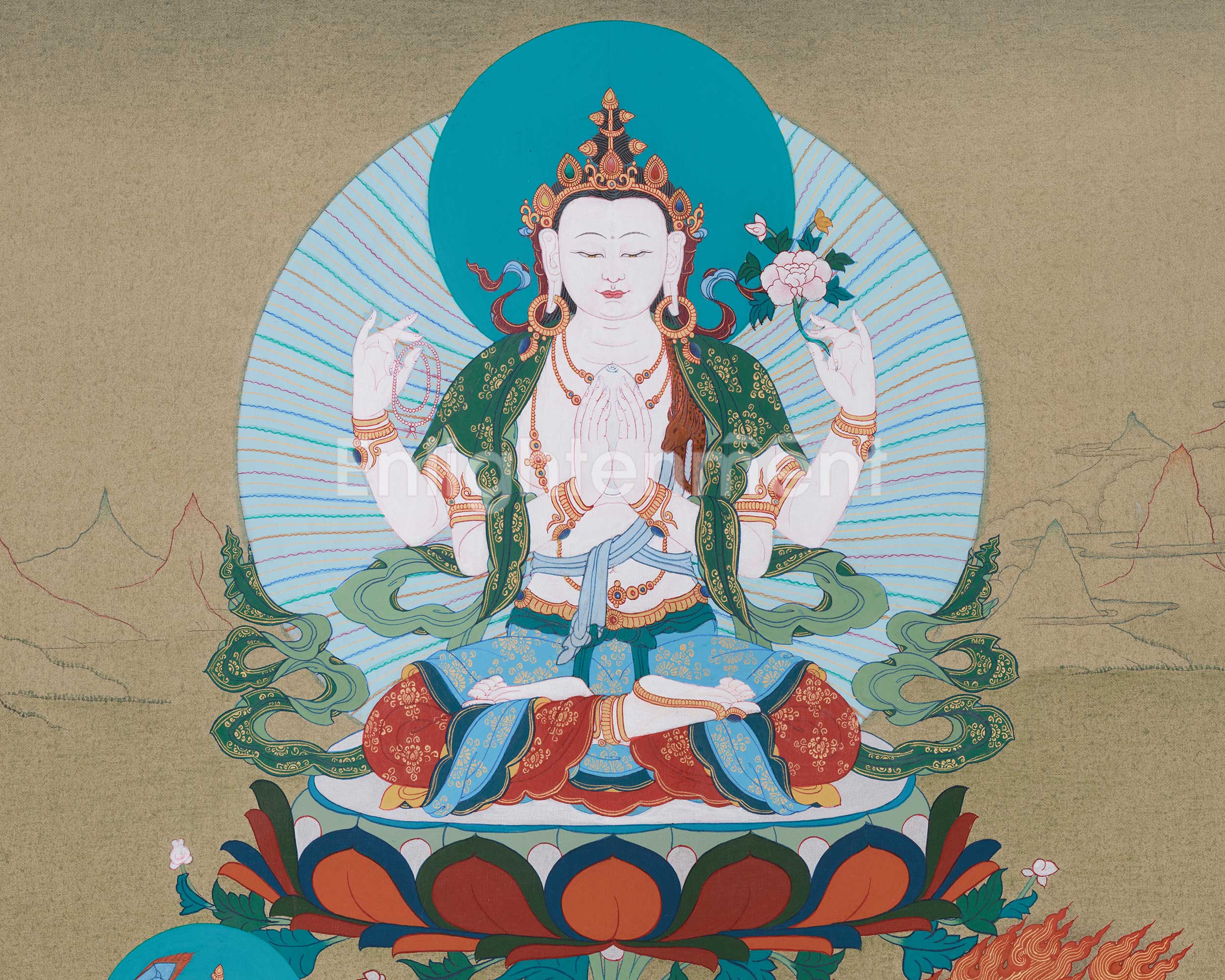 Tibetan Compassion Deity, Chenrezig | Four-Armed Avalokiteshvara Thangka