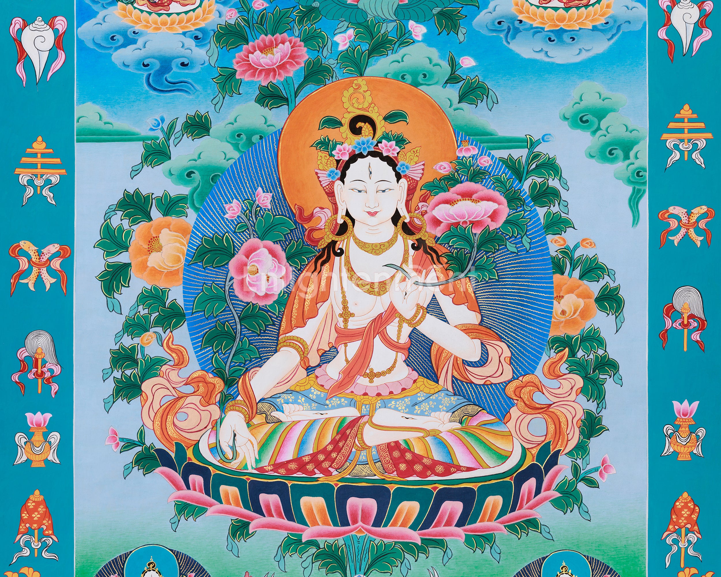 Goddess White Tara Thangka Art | Tibetan Buddhist Healing Artwork | Sita Tara