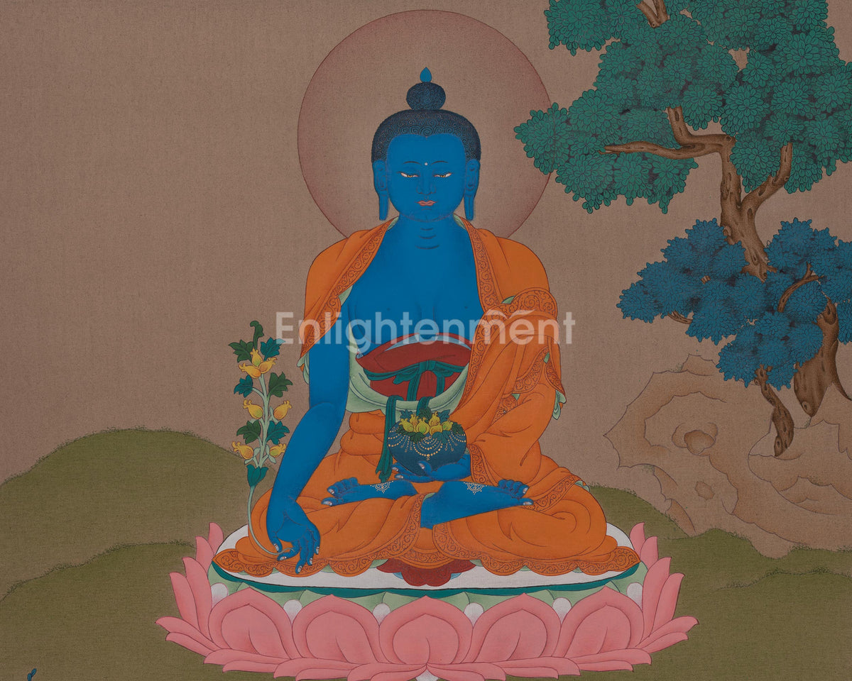 Medicine Buddha Healing Art | Bhaisajyaguru Thangka | Spiritual Wellness Deity