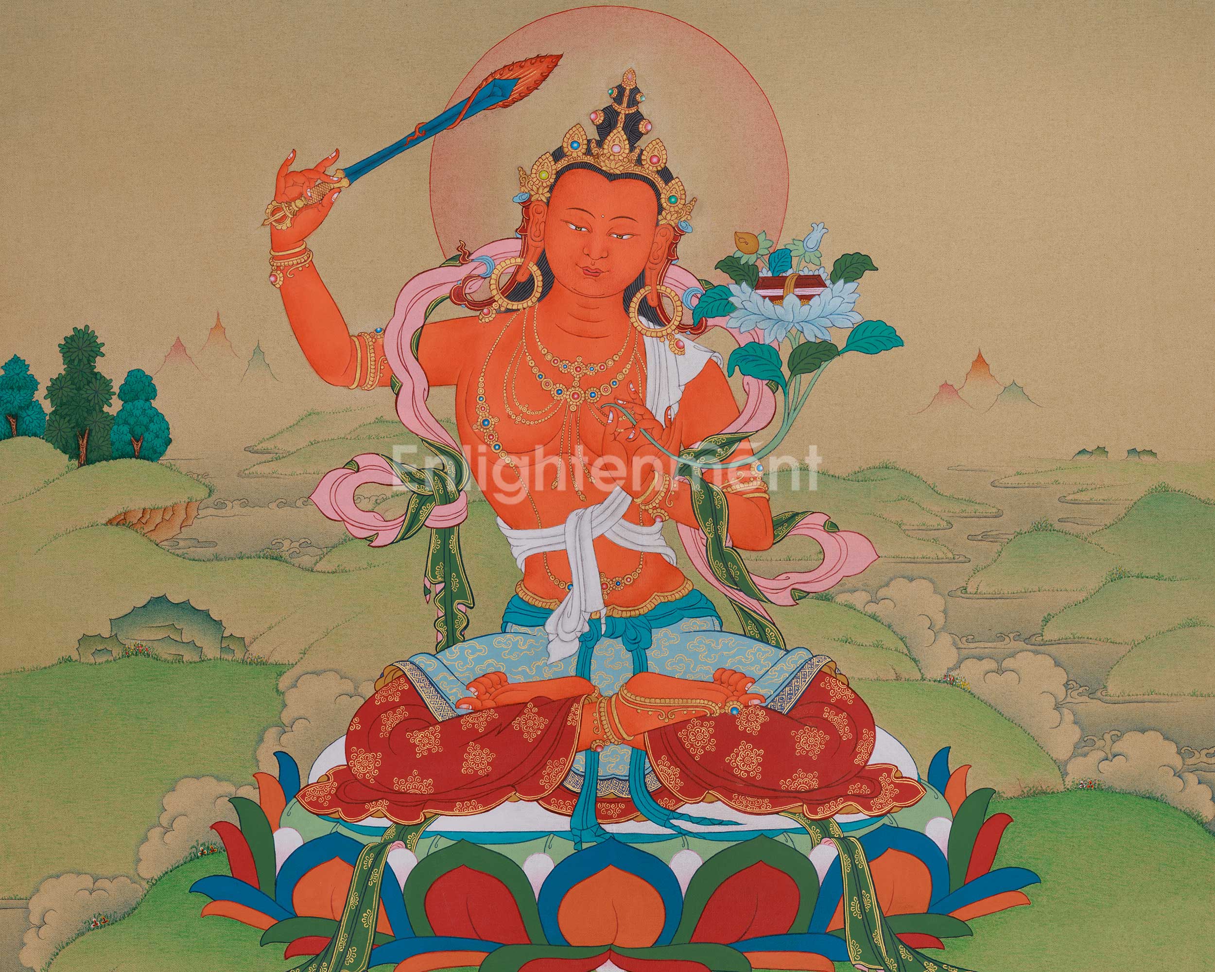 Himalayan Manjushri Thangka | Divine Wisdom Bodhisattva Art