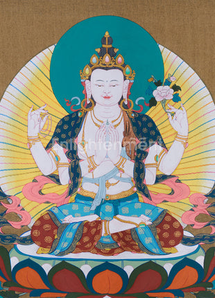 Traditional Thangka of Chenrezig | Featuring Manjushri and Vajrapani