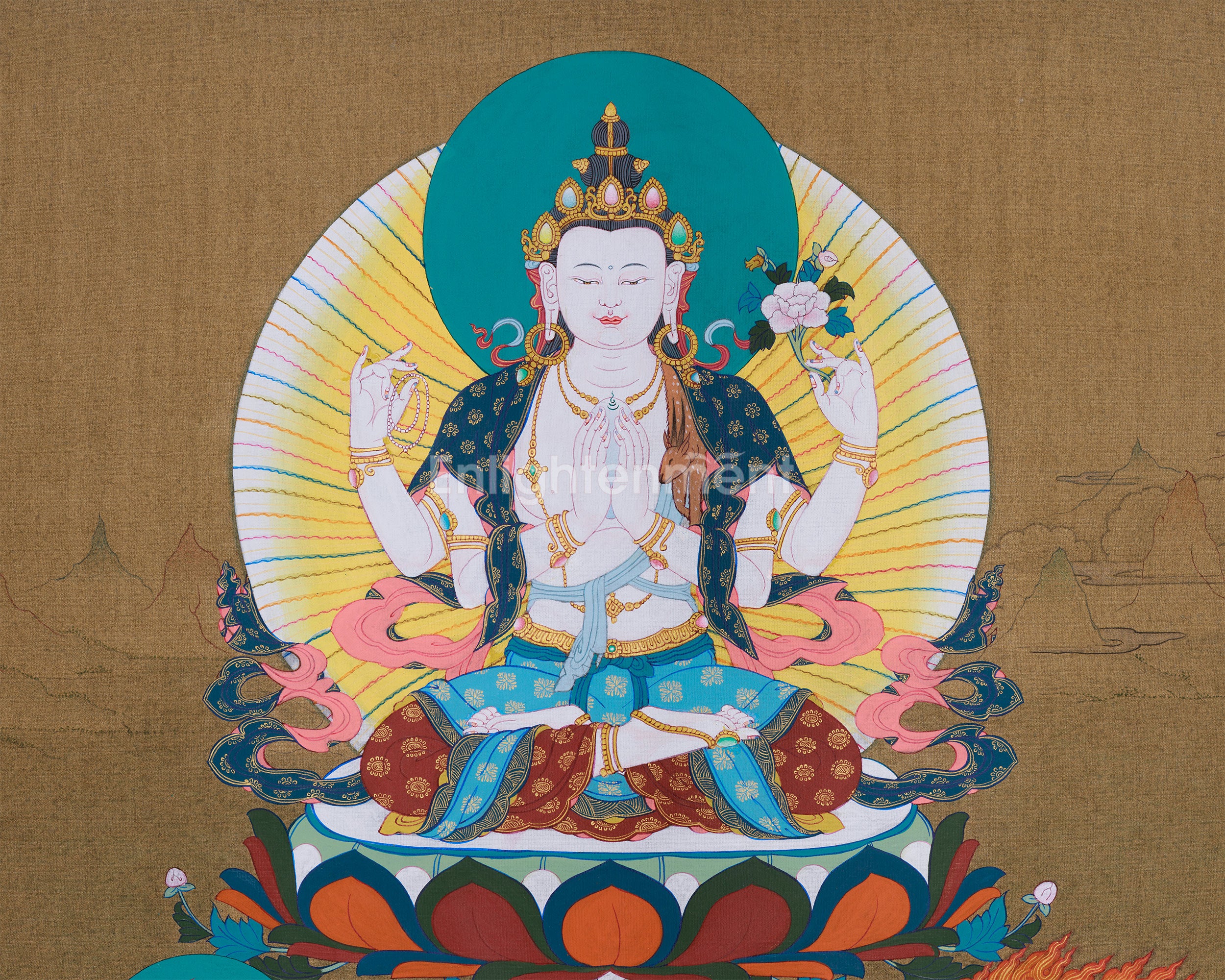 Traditional Thangka of Chenrezig | Featuring Manjushri and Vajrapani