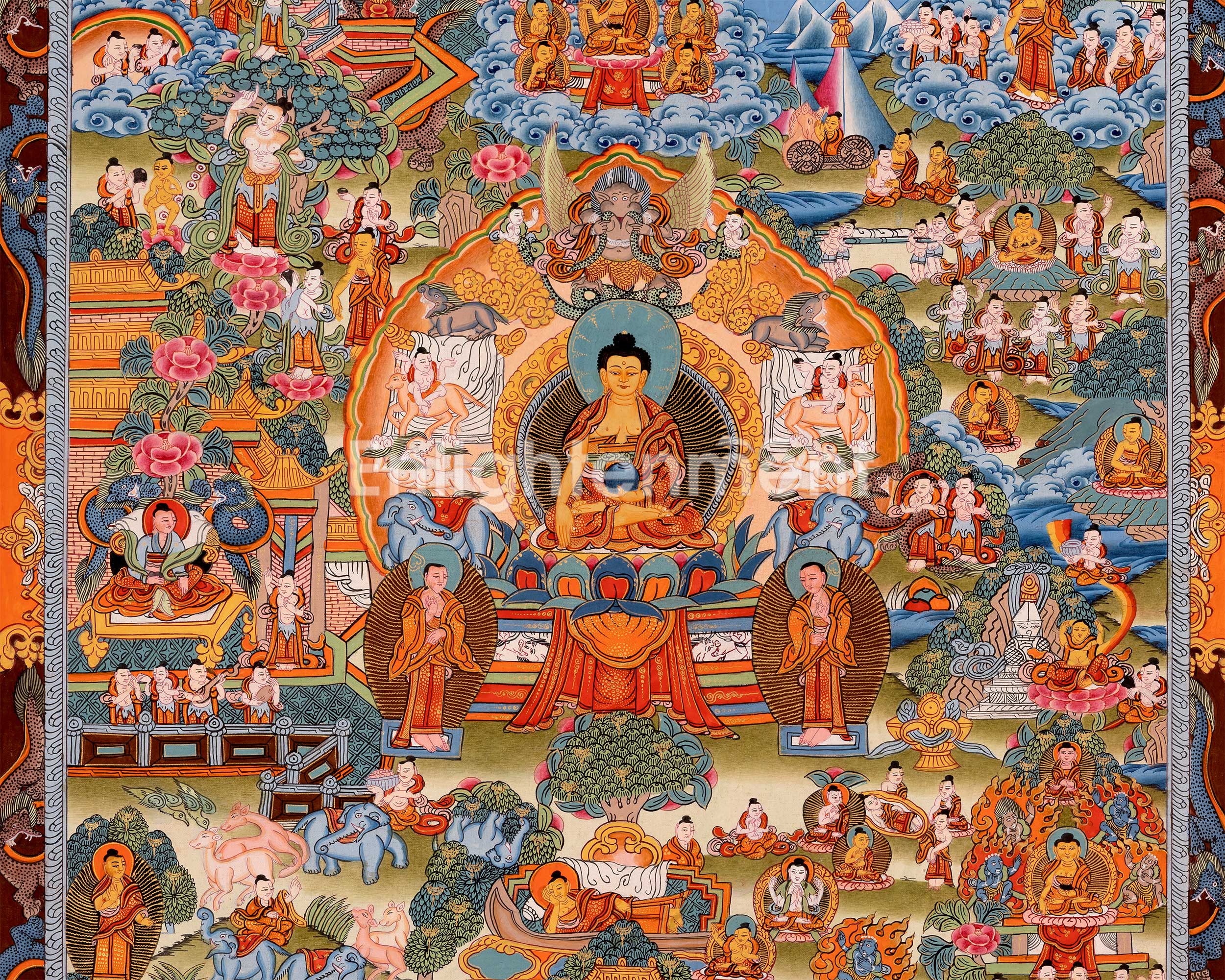 The Life Story of Shakyamuni Buddha Thangka | Journey From Birth to Enlightenment