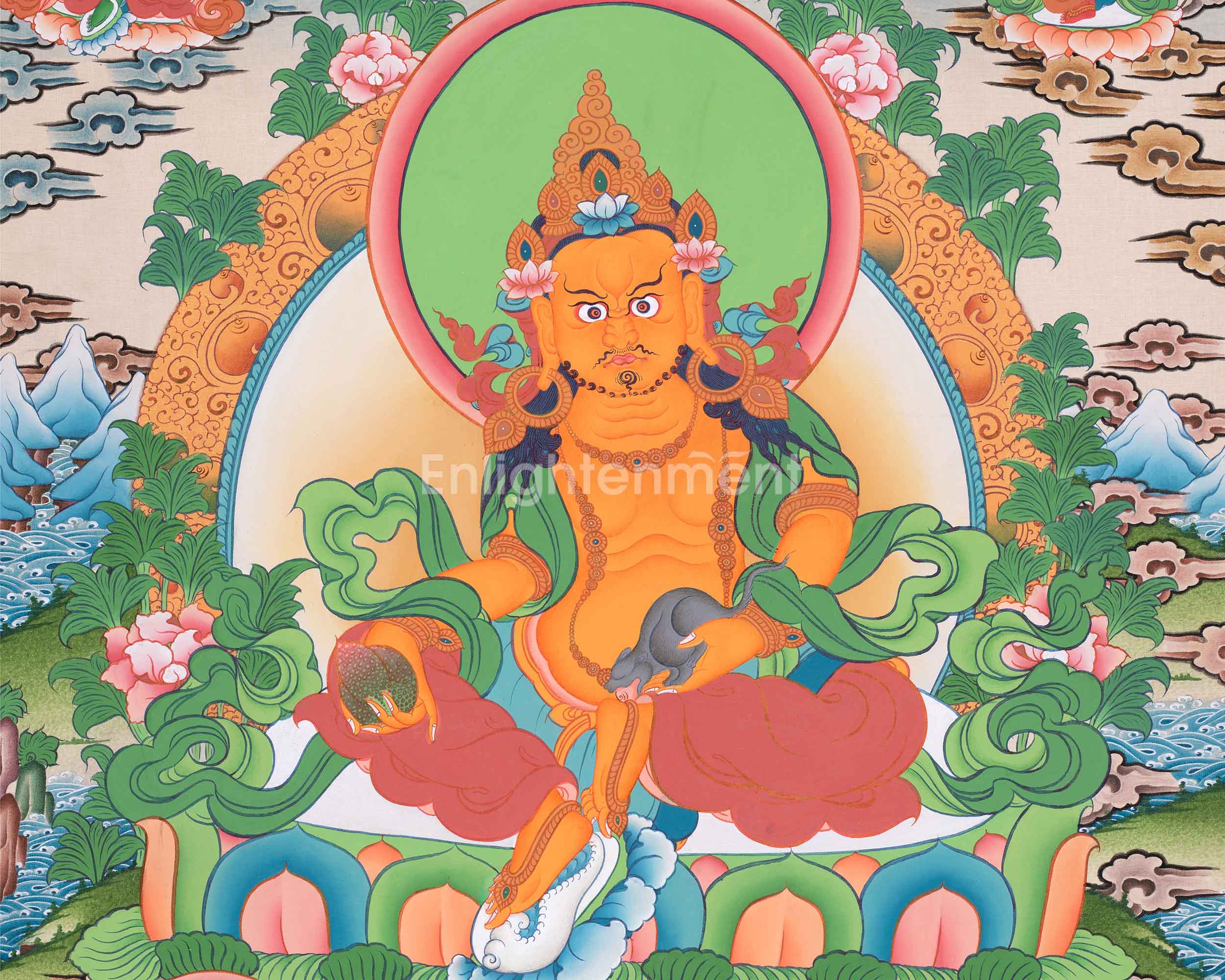 Five Dzambhalas Thangka | Featuring Amitabha Buddha | Hand-Painted on Cotton Canvas