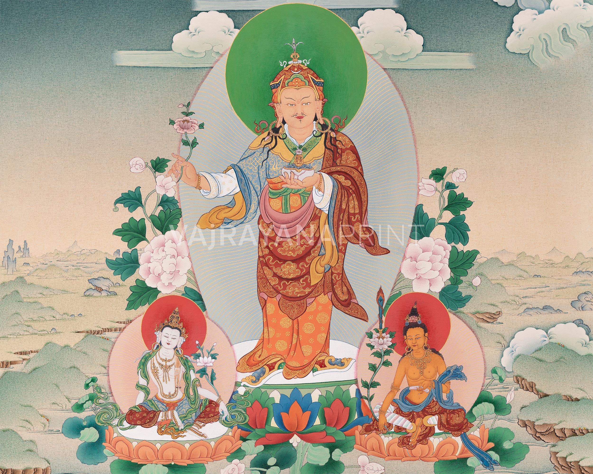 Tibetan Standing Guru with Four Bodhisattva | High-Quality Giclee Canvas Print