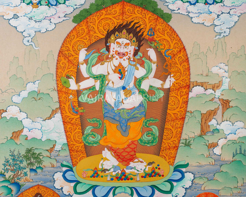 Thangka Print of White Mahakala with Five Jambala: Assembly of Wealth Deities