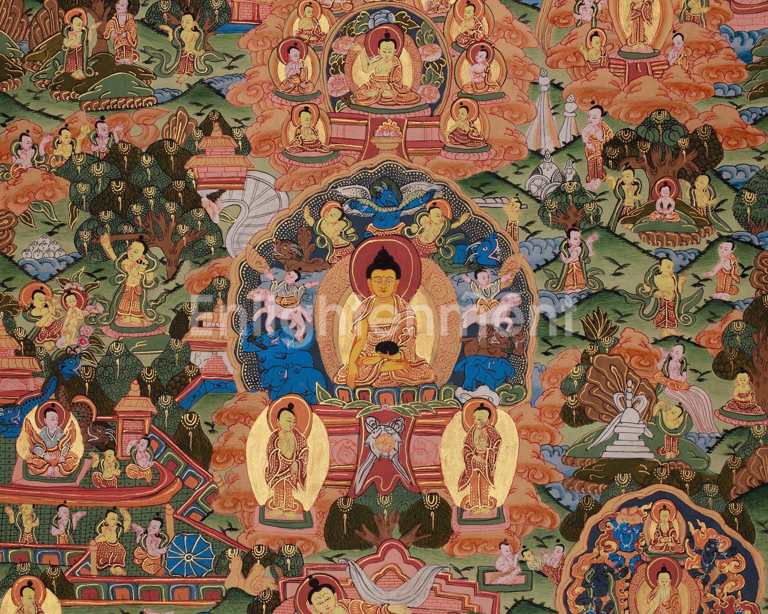 Traditional Buddha Life Story Thangka | Sacred Journey from Birth to Enlightenment