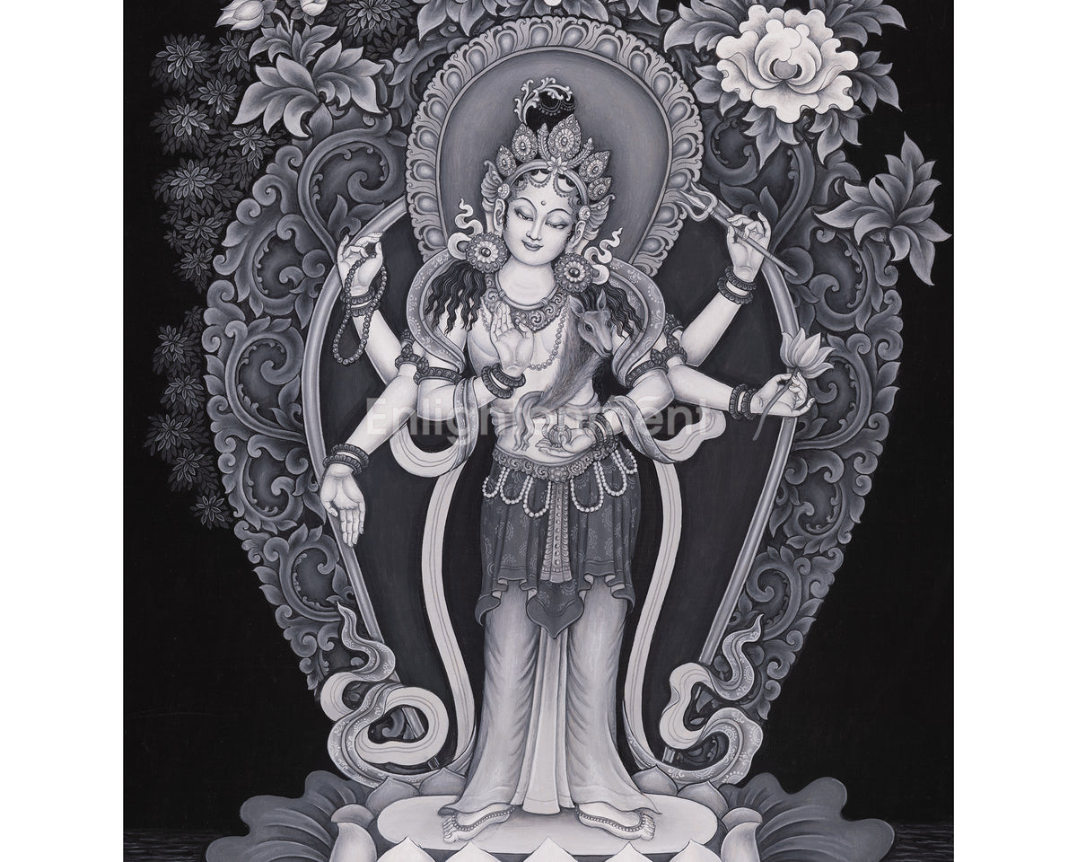 Black and White Bodhisattva Chenrezig Thangka | Avalokiteshvara Art | Compassion Deity