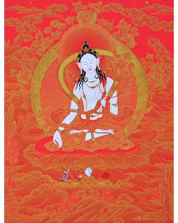 Tibetan White Tara Thangka | Tara In Red and Gold