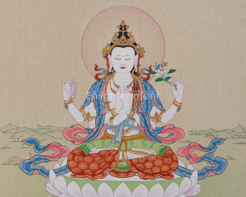 Lord of Compassion Chenrezig Thangka | Original Tibetan Artwork of Bodhisattva Avalokiteshvara