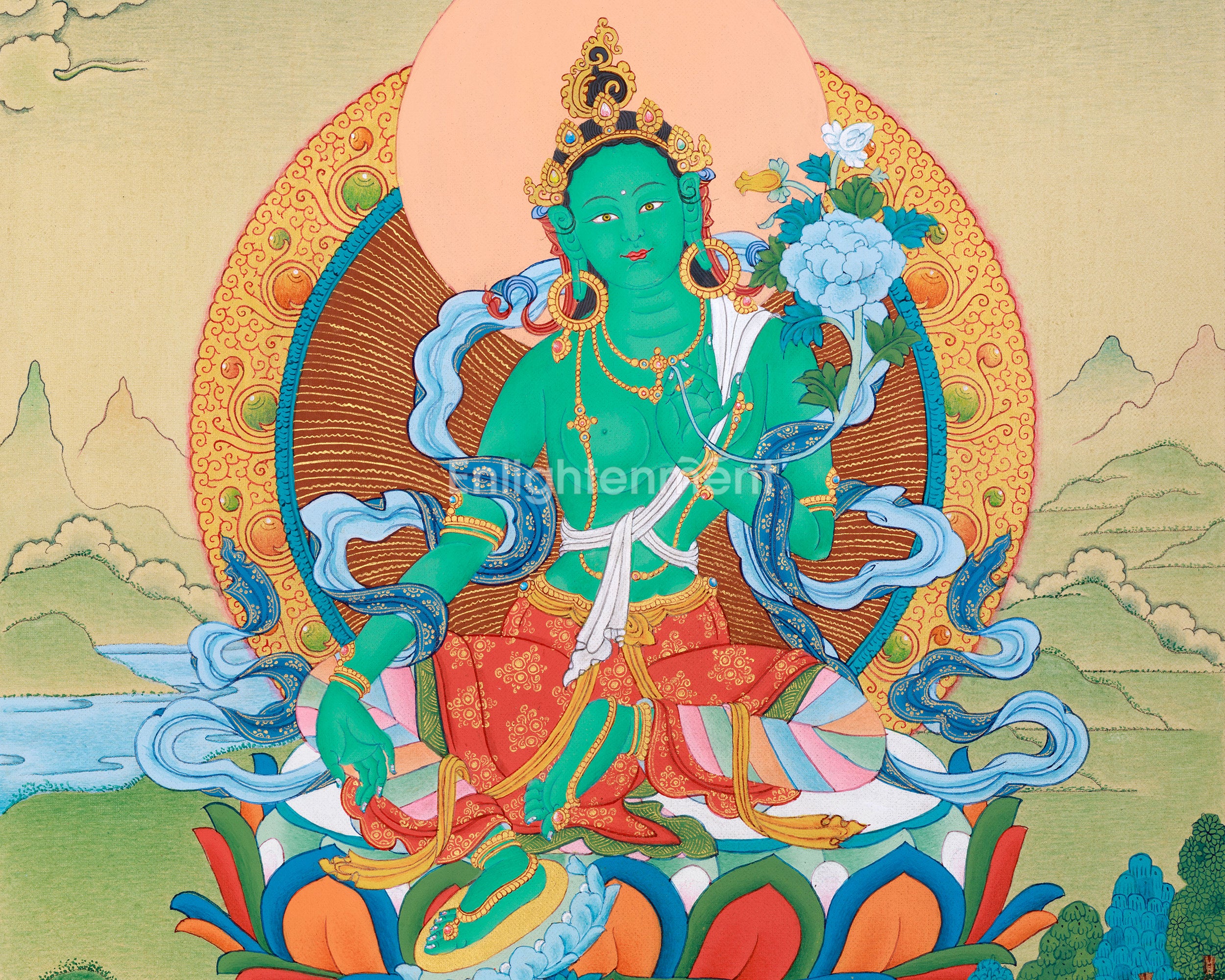 Small Size Green Tara Thangka in Gold