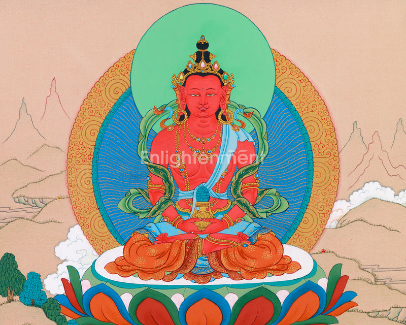 Red Buddha Amitayus Thangka | Embodiment of Immortality and Wisdom