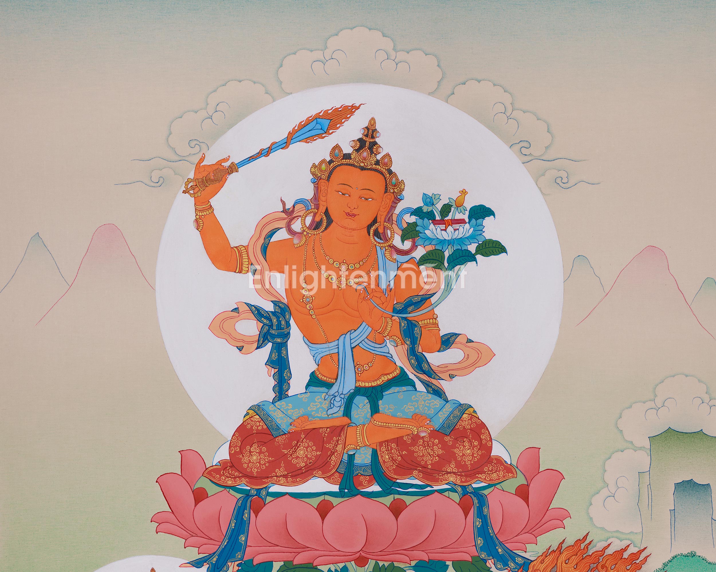 Manjushri with Chenrezig and Vajrapani Thangka | The Divine Triad of Wisdom, Compassion, and Protection