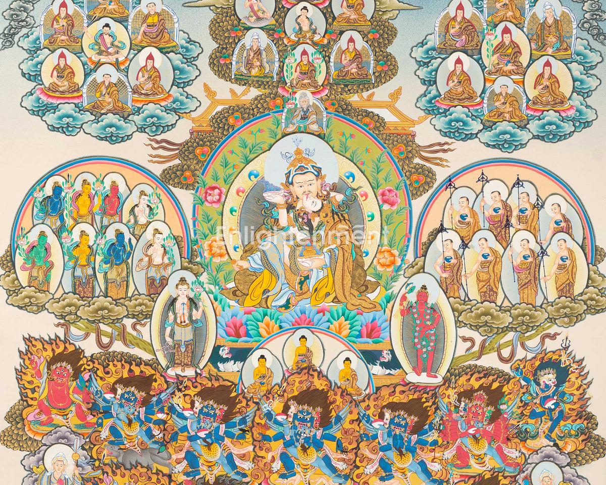 Guru Rinpoche Refuge Tree Thangka Painting | Hand Painted Buddhist Art of Nepal