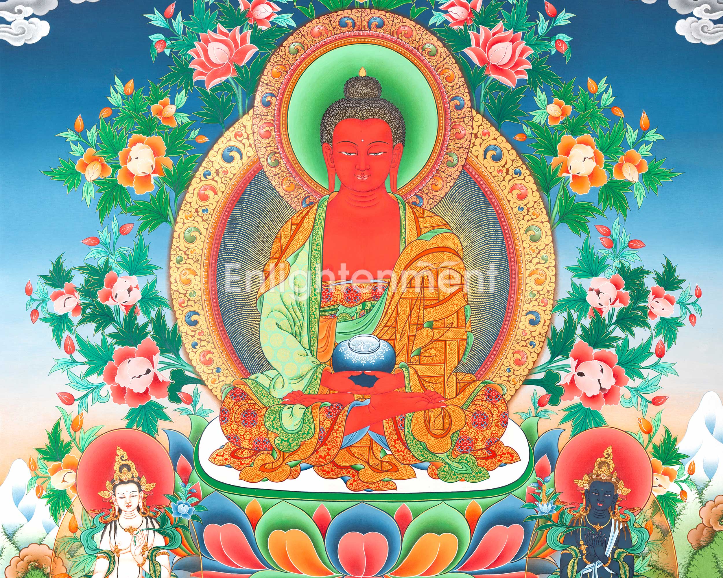 Amitabha Buddha with His Two Chief Disciples Thangka | The Buddha of Infinite Light