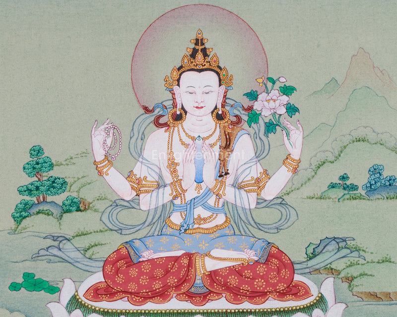 4-Armed Bodhisattva Chenrezig Thangka | Compact Sacred Artwork