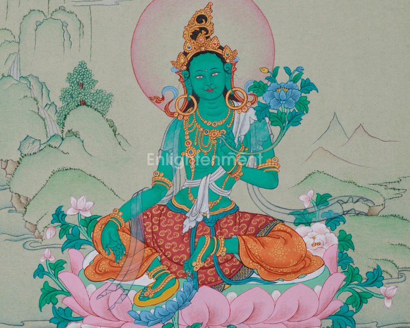 Compassionate Green Tara Thangka – Divine Protection and Healing in Traditional Karma Gadri Style