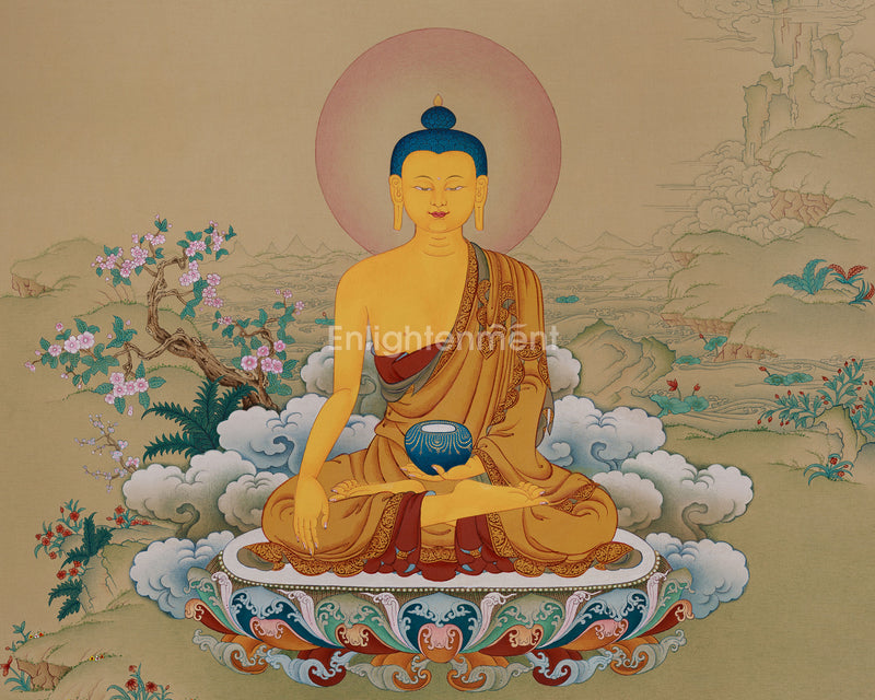 Enlightened Buddha Shakyamuni Thangka | The Sage of the Shakya | Artistic Elegence in Lhasa Stone Hues