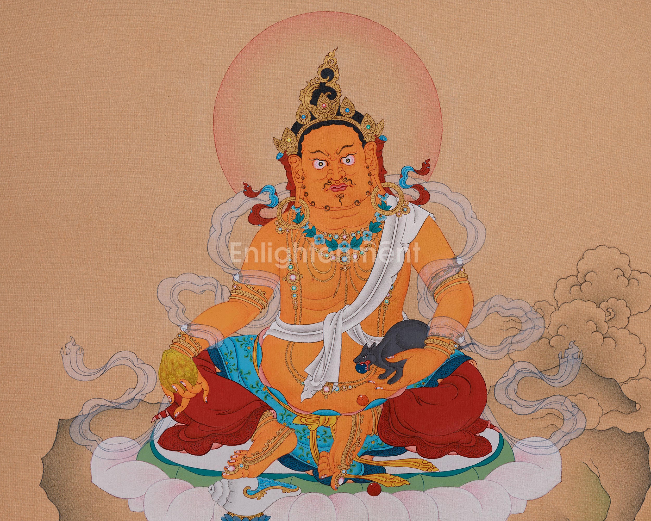 Buddha of Wealth, Dzambhala | Hand-Painted Thangka of Prosperity and Spiritual Protection