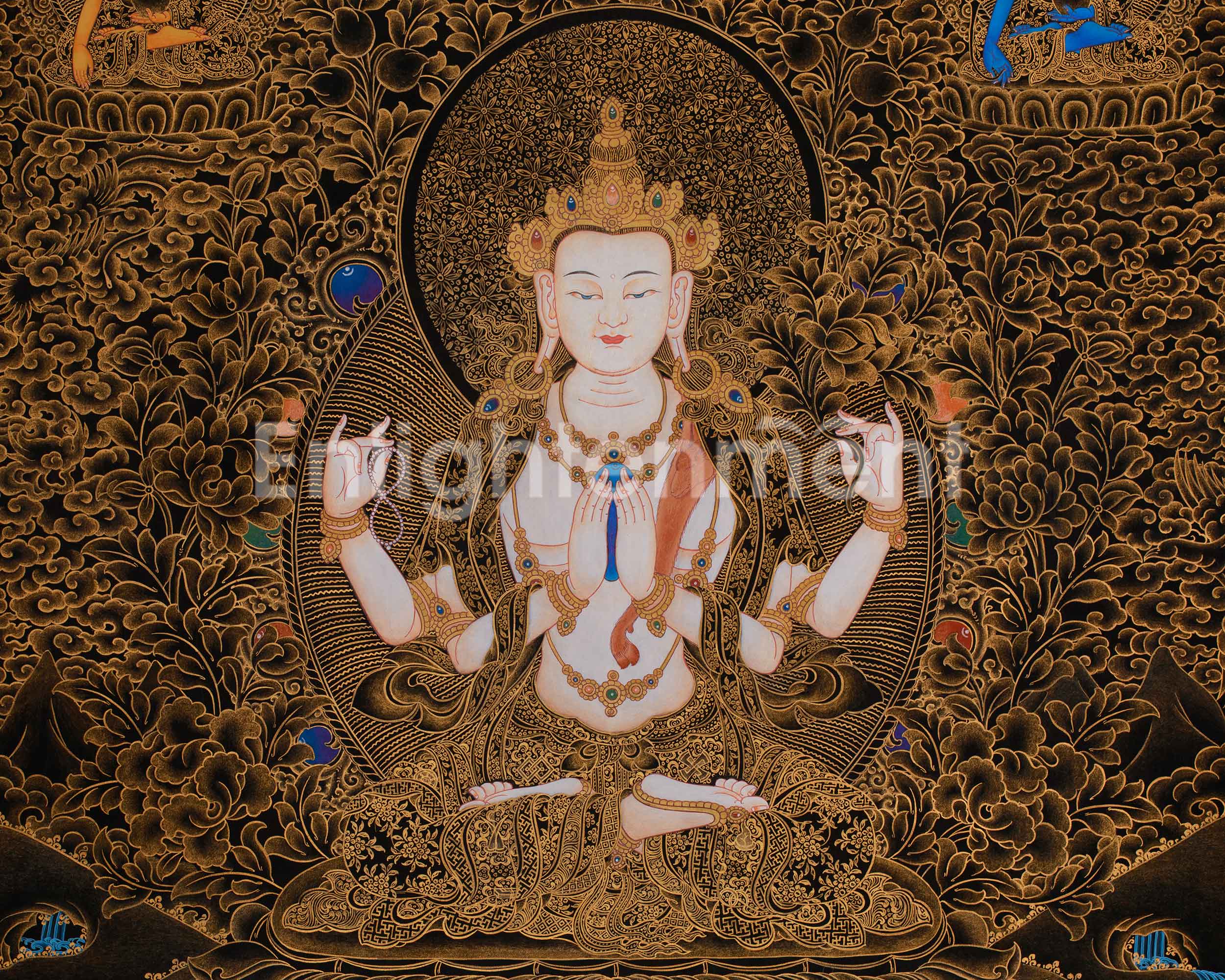 Tibetan Four-Armed Chenrezig Thangka | Compassionate Bodhisattva of Mercy