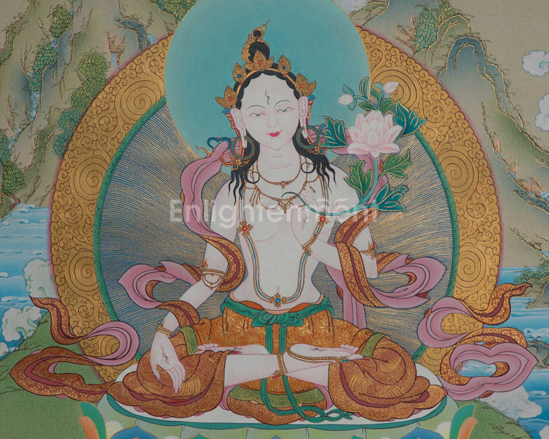 White Tara Thangka | Traditional Tibetan Painting In Menri Style | Long Life Mother Drolma