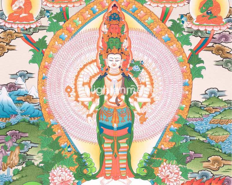 1000 Arm Chenresig Thangka | 5 Buddhas | Tradational Artwork