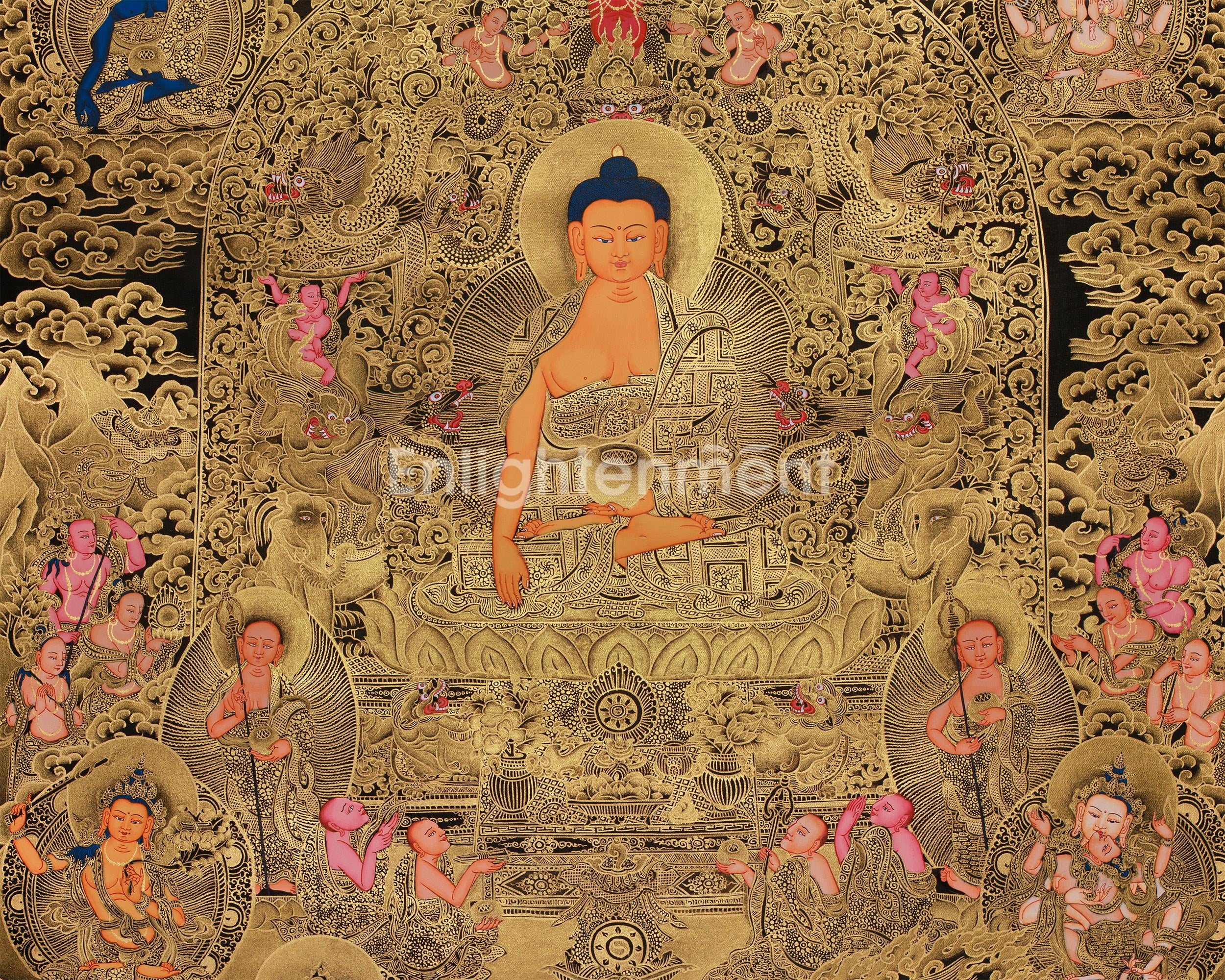 Opulent Gold Thangka of Historical Shakyamuni Buddha | The Awakened One in Elaborate Gold Throne