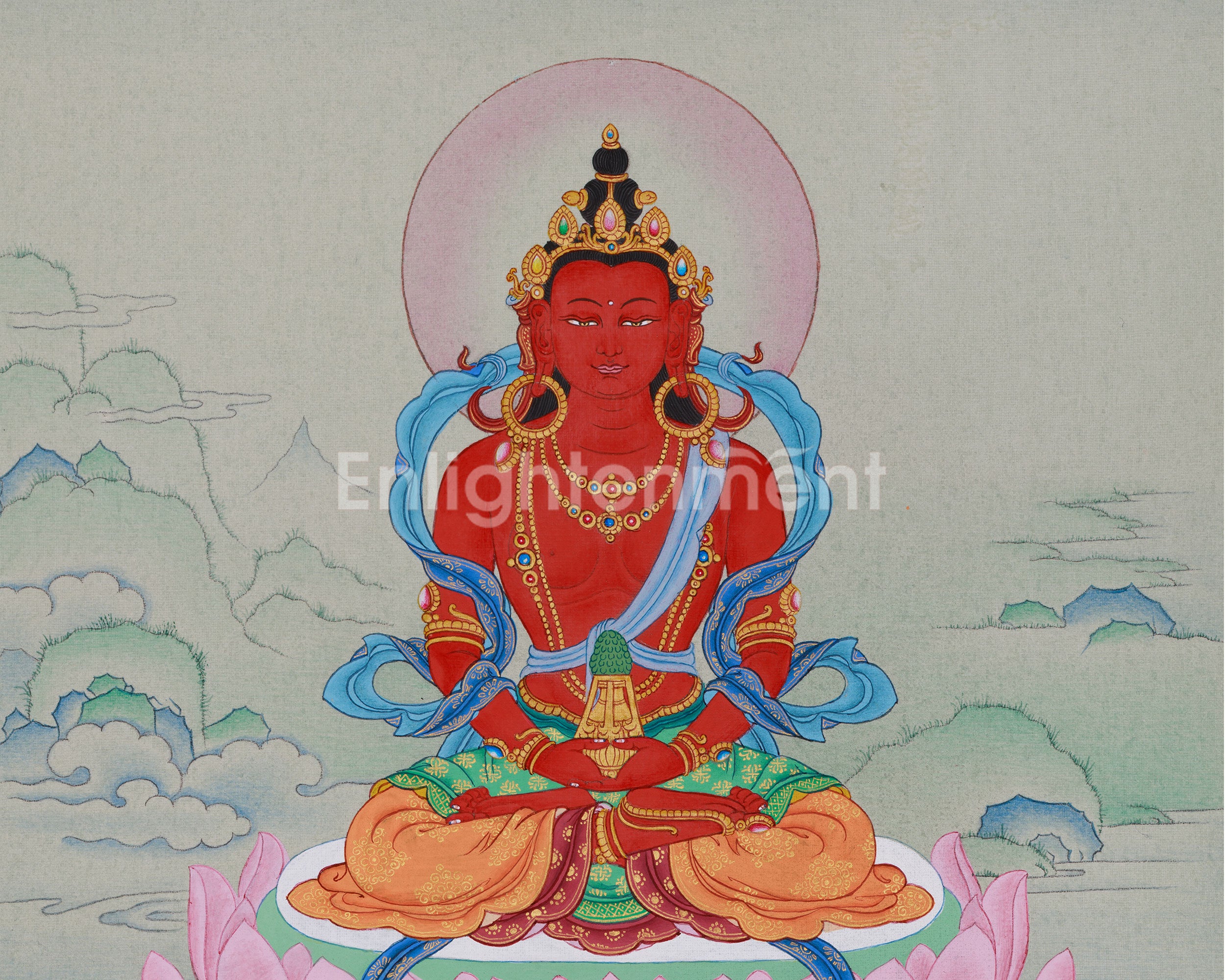 Red Amitayus Buddha Thangka | Hand-Painted Longevity Deity | Traditional Artwork