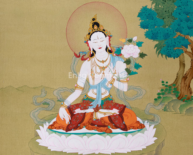 White Tara Thangka | Hand-Painted Karma Gadri Style | Spiritual Gift for Meditation