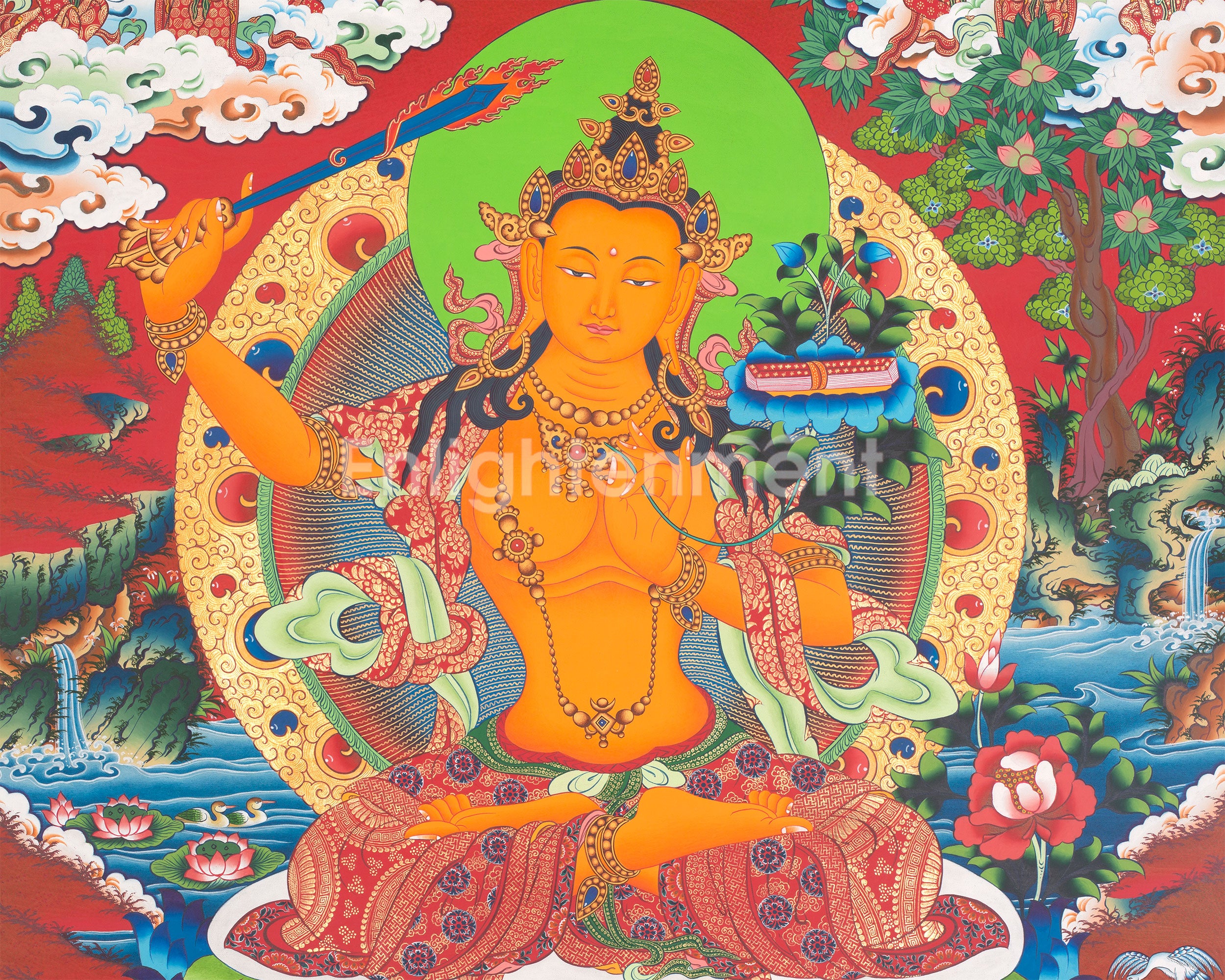 Sacred Manjushri Tibetan Thangka | Wisdom Deity on Vibrant Red Canvas