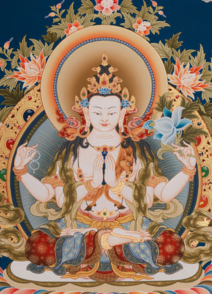 Compassionate Buddha Chenrezig (Avalokiteshvara) Thangka | Deity of Mercy, Wisdom & Enlightened Activity