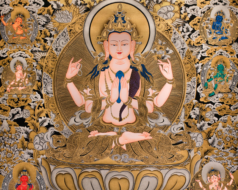 The Tranquil Presence of 4 arms Avalokiteshvara | Gold Embellished Thangka of Compassion