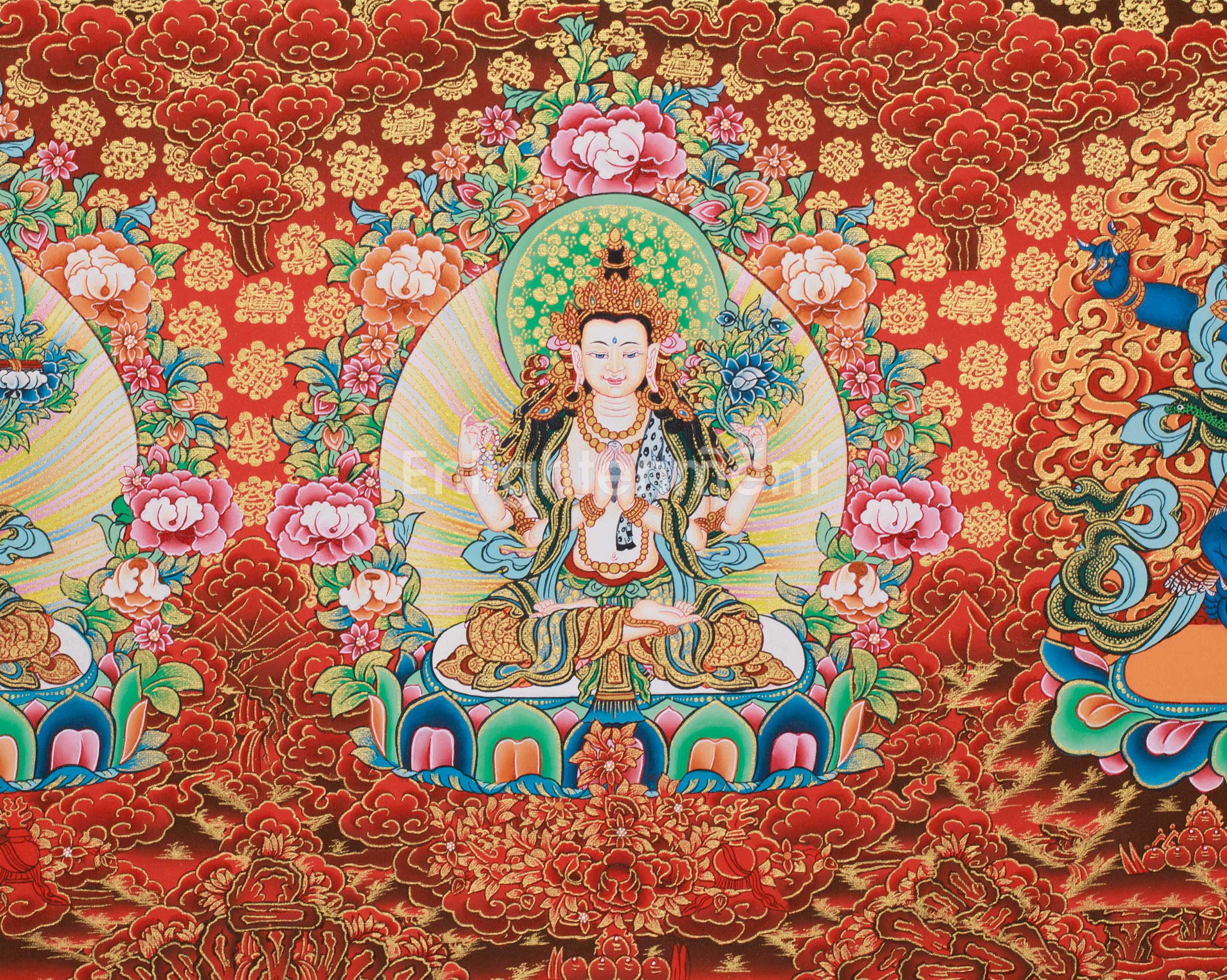 Three Bodhisattva Guardians Thangka | Chenrezig, Manjushri & Vajrapani