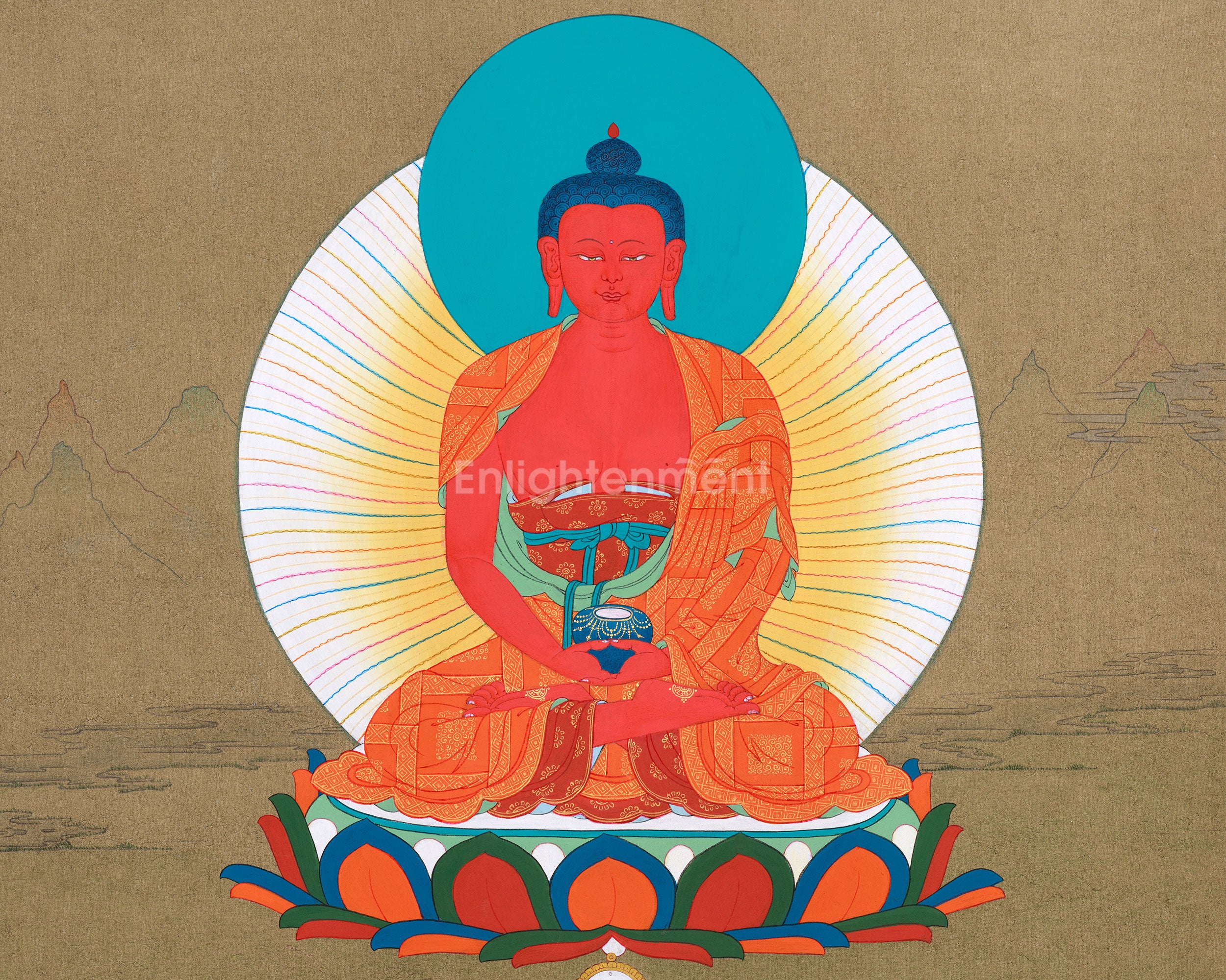 Amida Buddha Thangka - Sacred Tibetan Art with Deep Red Hues