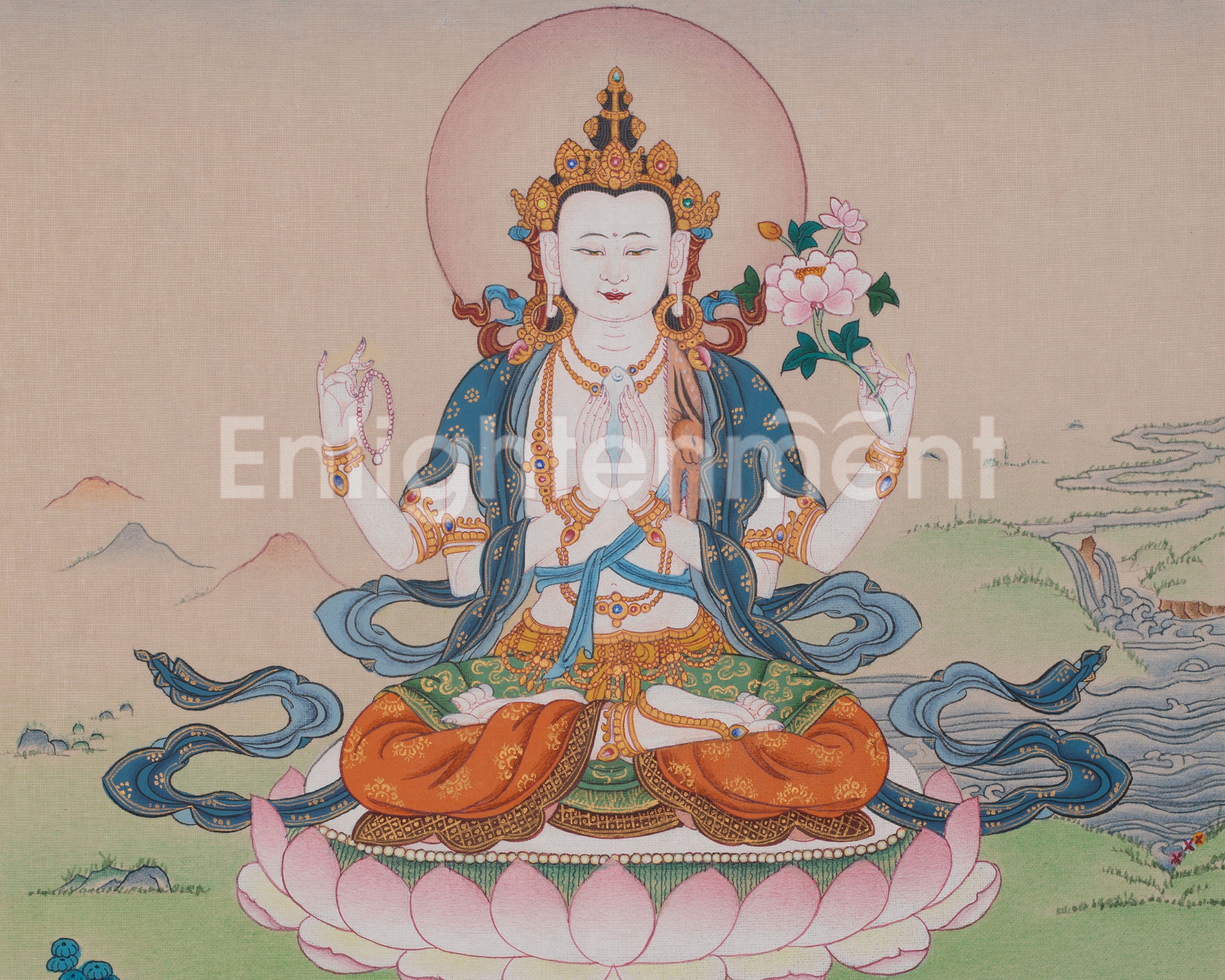 Hand Painted Chenrezig Thangka | Sacred Tibetan Artwork of Compassion and Wisdom