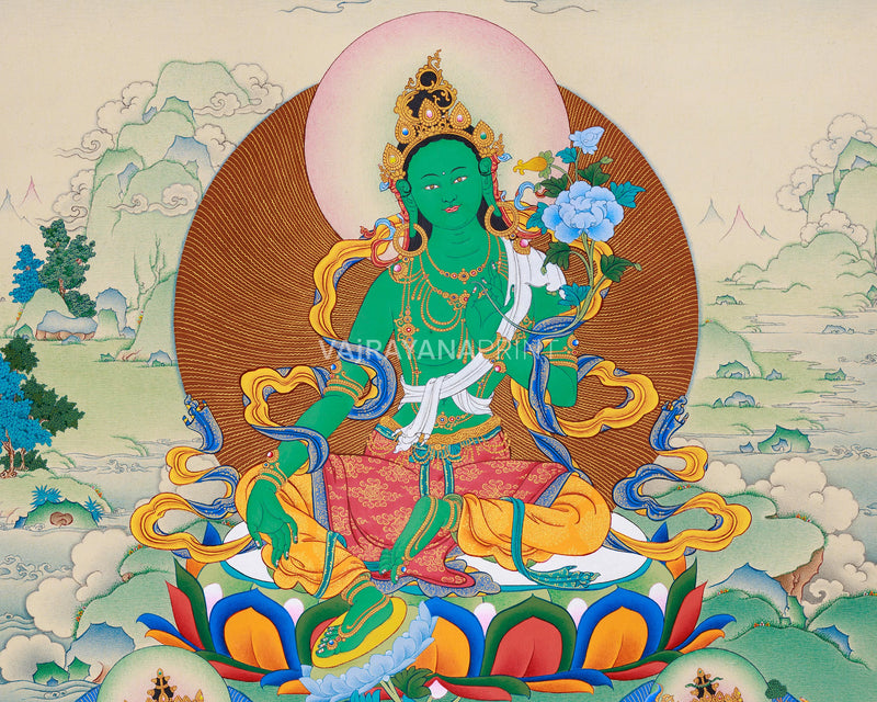 Radiant Green Tara Thangka Print, with Ushnisha (Namgyalma) and Pannasavari