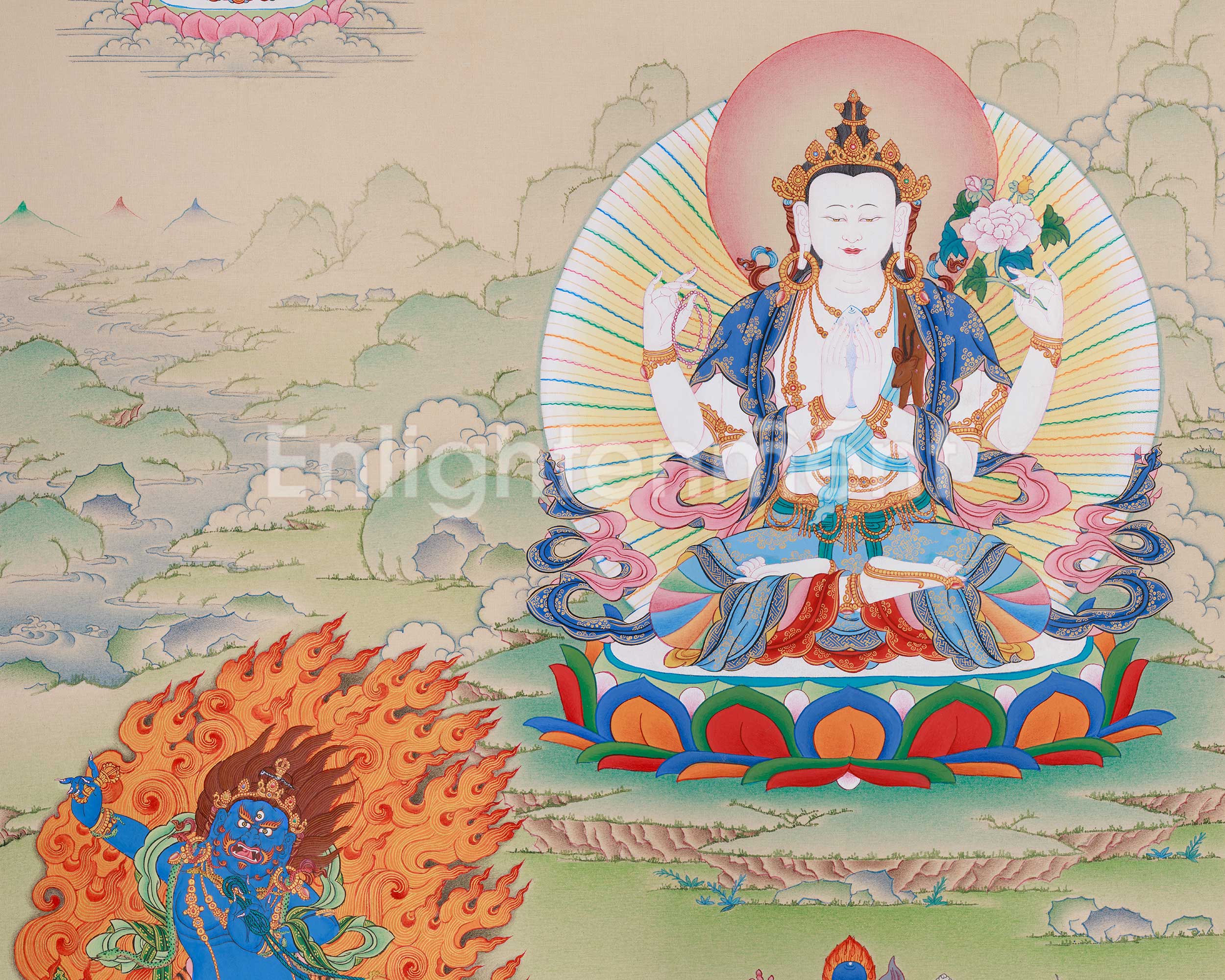 Thangka of Four-Armed Chenrezig, Compassion Buddha | With Manjushri and Vajrapani