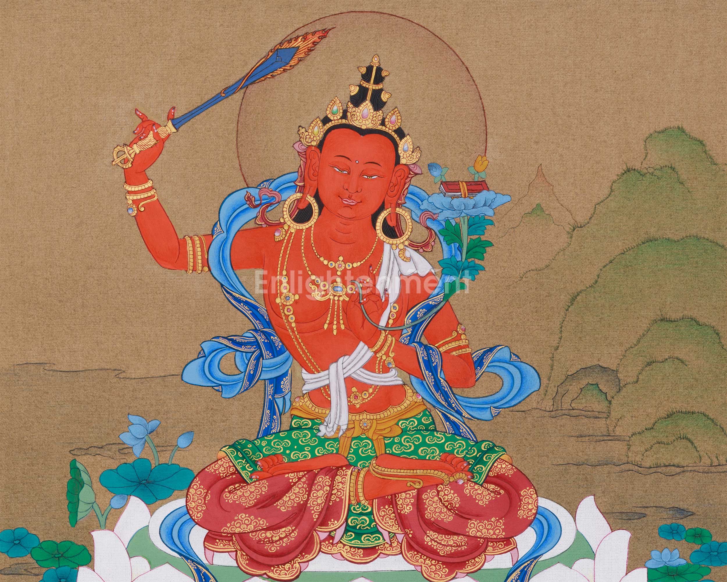 Compact Manjushri Thangka | Wisdom, Insight & Spiritual Awakening