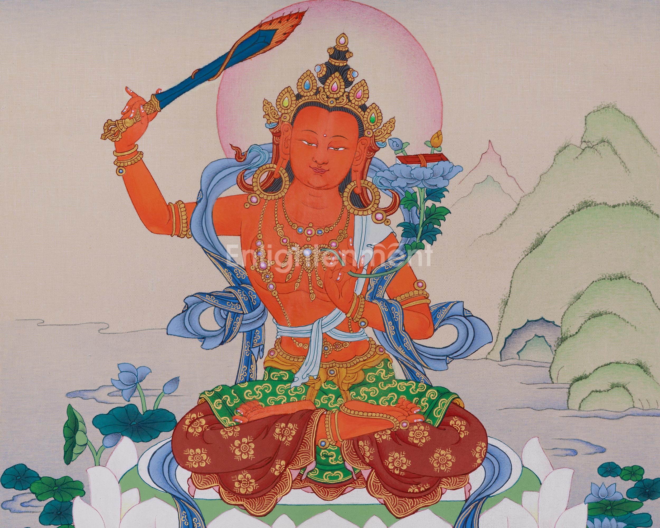 Handpainted Thangka of Manjushri | Embodiment of Wisdom