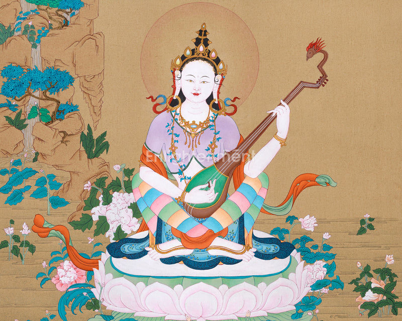 Devi Saraswati Thangka | Hand-Painted Goddess of Wisdom and Arts for Spiritual Inspiration