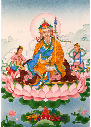 Guru Padmasambhava with Mandarva and Yeshe Tsogyal | Tibetan Thangka Painting