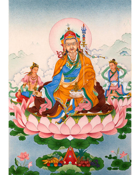 Guru Padmasambhava with Mandarva and Yeshe Tsogyal | Tibetan Thangka Painting