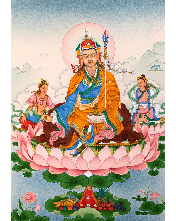 Guru Padmasambhava with Mandarva and Yeshe Tsogyal | Tibetan Thangka Painting