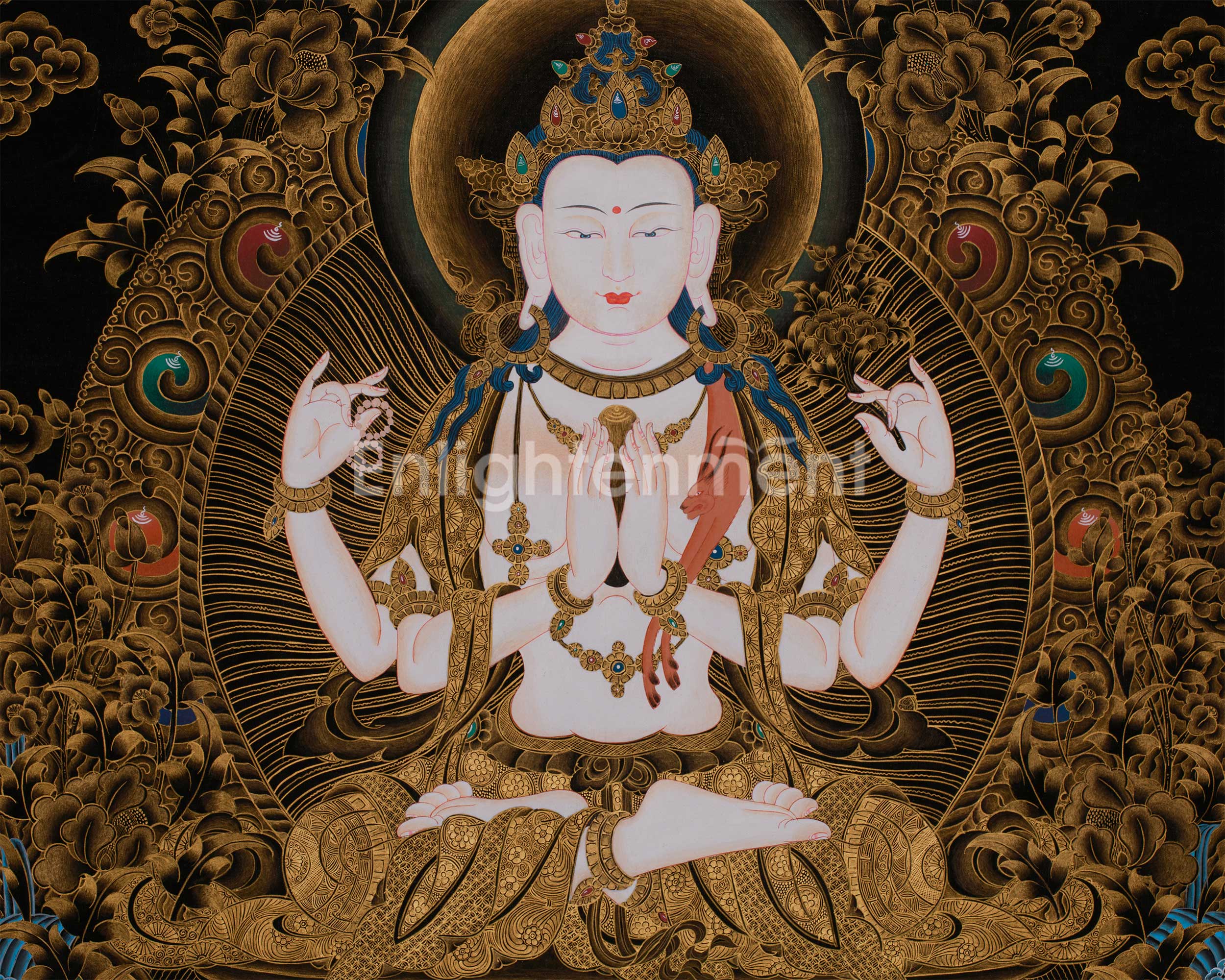 Large 30 Inches Chenrezig in Gold | Four-Armed Bodhisattva of Infinite Compassion
